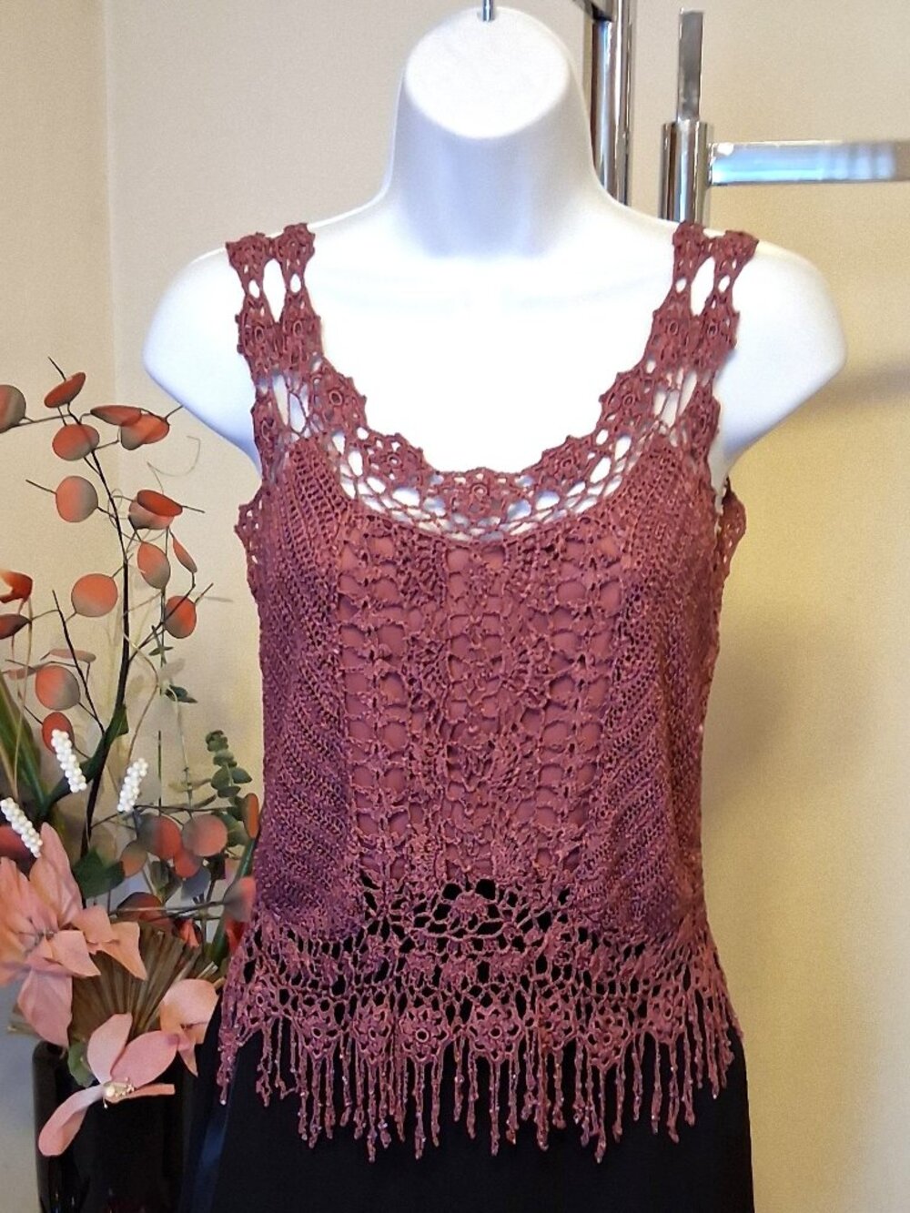 NWOT Papillon Women's Beaded Crochet Knitwear Pink Camisole Top Slim Cami 6